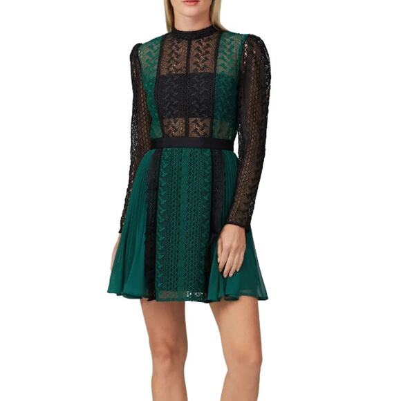 Self Portrait long sleeve mesh Green Lace pleated flare whimsygoth Mini Dress 4 - Picture 1 of 14